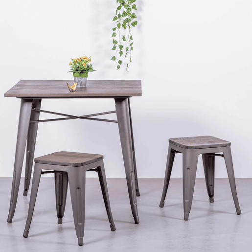 Banqueta baixa industrial em aço envelhecido e assento de madeira (45cm) - Bistro