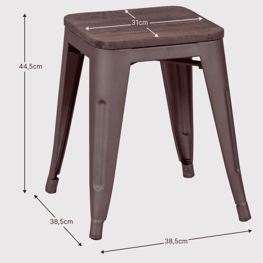 Banqueta baixa industrial em aço envelhecido e assento de madeira (45cm) - Bistro
