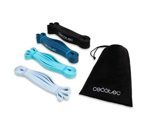 Cecotec 4 set de bandas elásticas drumfit_power_band_set, 4 niveles de resistencia entre 15 y 60 kg, fabricadas en látex