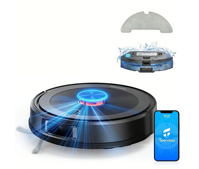 Aspiradora robot teendow d10s plus - 5000 pa de potencia de succión, batería de 3200 mah,180 minutos de autonomía, 70 db de silencio - negra