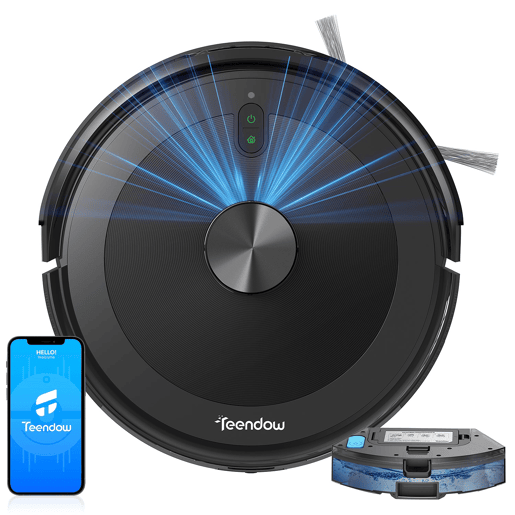 Aspirador de Pó Robot Teendow D10S Plus - Potência de Aspiração de 5000 Pa, Bateria de 3200 mAh, 180 Minutos de Duração da Bateria, Silêncio de 70 dB - Preto