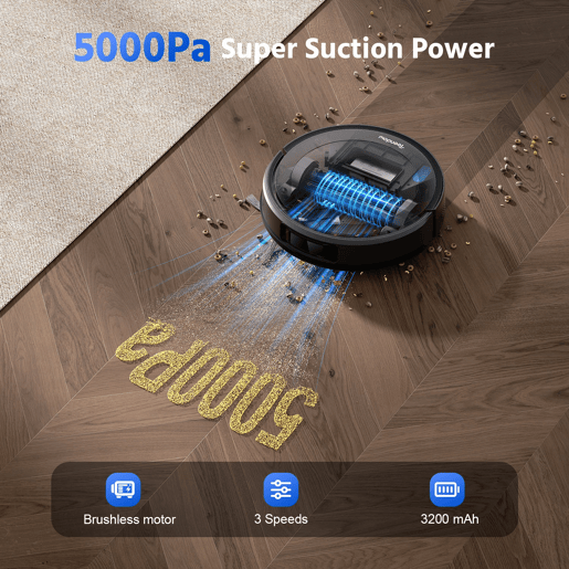 Aspirador de Pó Robot Teendow D10S Plus - Potência de Aspiração de 5000 Pa, Bateria de 3200 mAh, 180 Minutos de Duração da Bateria, Silêncio de 70 dB - Preto