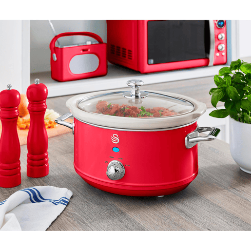 SWAN SF17021RNEU Retro Slow Cooker 3,5L, Panela de Cerâmica Antiaderente sem PFOA e PTFE, 200, Vermelho