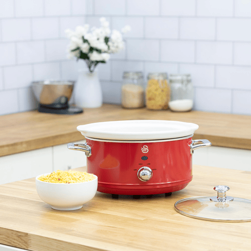 SWAN SF17021RNEU Retro Slow Cooker 3,5L, Panela de Cerâmica Antiaderente sem PFOA e PTFE, 200, Vermelho