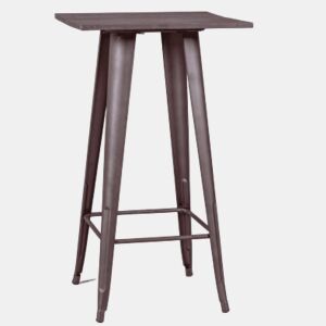 Mesa alta industrial em aço envelhecido e madeira escura - Bistro