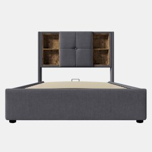 Cama individual 90x200 cm - Carregamento sem fios USB C, com arrumação e estrado de madeira - Cinza algodão