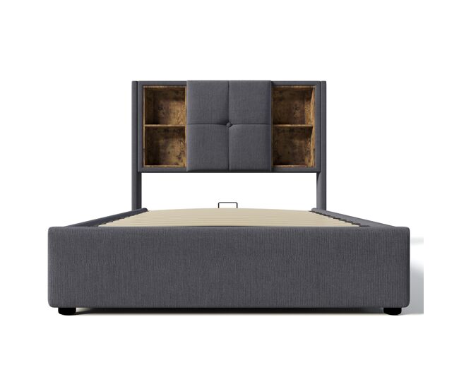 Cama individual 90x200cm - carga inalámbrica usb c, con almacenamiento y somier de madera - gris algodón