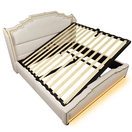 Cama estofada 140x200 - com armazenamento hidráulico, LED e porta USB-C - Bege