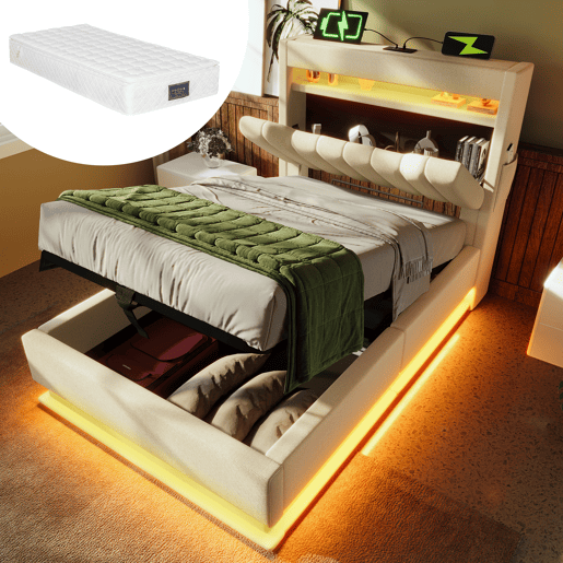 Cama estofada 90x200 cm - Cabeceira com arrumação, portas USB e Tipo-C, iluminação LED, bege, Leinen
