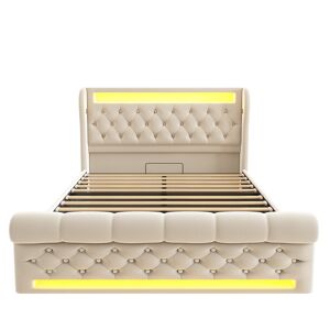 Cama estofada de casal 140x200cm - com LED, cabeceira com arrumação, portas USB e Tipo-C, cama hidráulica - Cinza