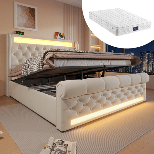 Cama estofada de casal 140x200cm - com LED, cabeceira com arrumação, portas USB e Tipo-C, cama hidráulica - Cinza