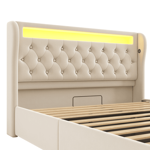 Cama estofada de casal 140x200cm - com LED, cabeceira com arrumação, portas USB e Tipo-C, cama hidráulica - Cinza