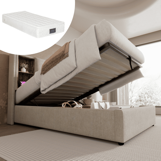 Cama individual 90x200cm - Carregamento sem fios USB-C, com arrumação, base em madeira, linho natural (Com colchão)