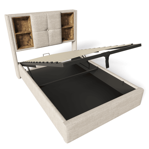 Cama individual 90x200cm - Carregamento sem fios USB-C, com arrumação, base em madeira, linho natural (Com colchão)