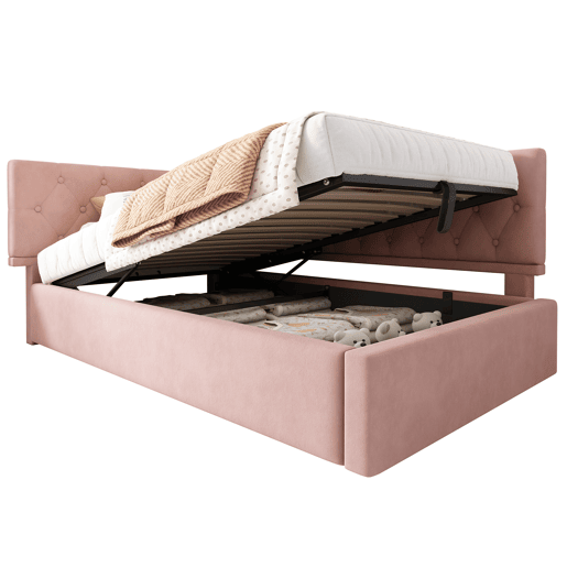 Cama individual 90x200 cm - Sofá-cama com armazenamento hidráulico - Rosa