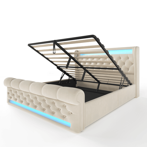 Cama estofada moderna 140x200cm - Cama com LED, cabeceira com arrumação e portas USB e Tipo-C, cama hidráulica, bege