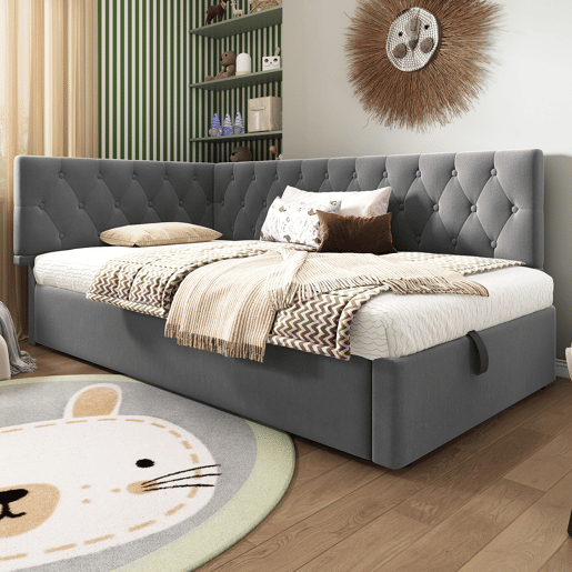 Cama individual 90x200 cm - Sofá-cama com armazenamento hidráulico, estrutura em madeira com estrado, veludo - Cinza