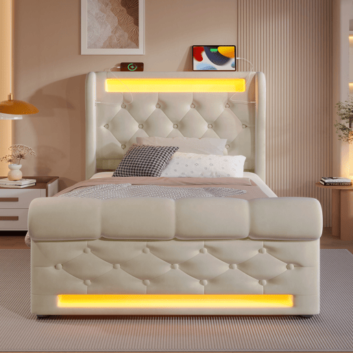 Cama individual estofada 90x200cm - Cama com luzes LED, cabeceira com arrumação e portas USB e Tipo-C, cama hidráulica - Bege