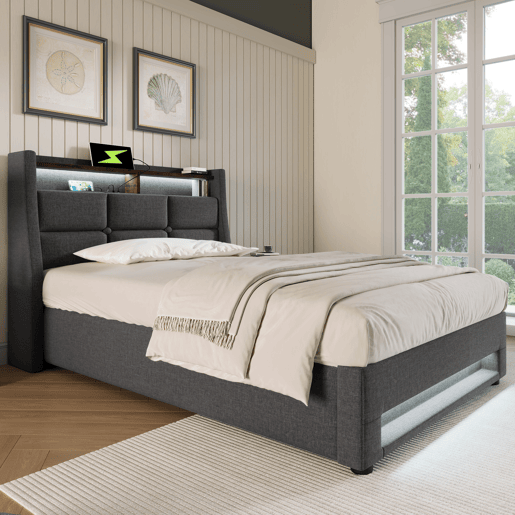 Cama estofada com USB 90x200cm - Cama individual LED com estrado de metal, estrutura de linho - Cinza