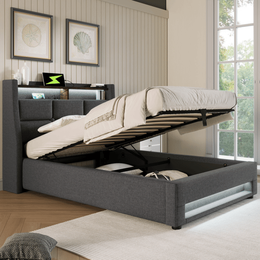 Cama estofada com USB 90x200cm - Cama individual LED com estrado de metal, estrutura de linho - Cinza