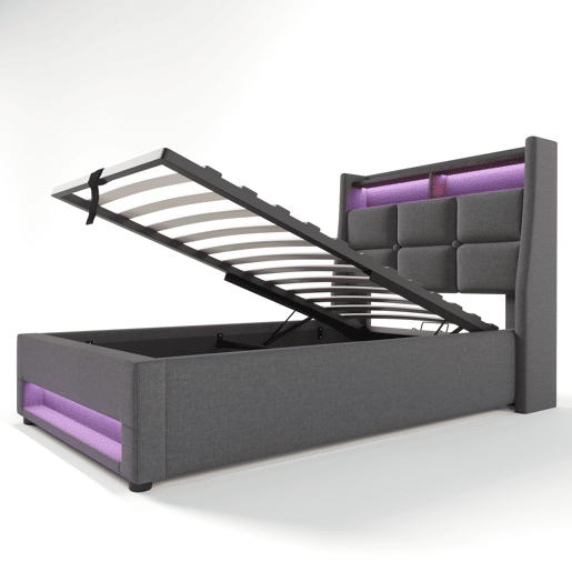 Cama estofada com USB 90x200cm - Cama individual LED com estrado de metal, estrutura de linho - Cinza