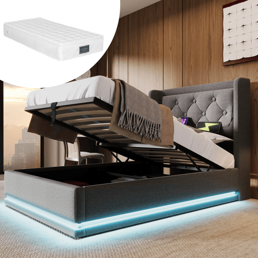 Cama individual estofada 90*200 cm - armazenamento hidráulico, cabeceira acolchoada com USB e LED em 3 lados - Cinza