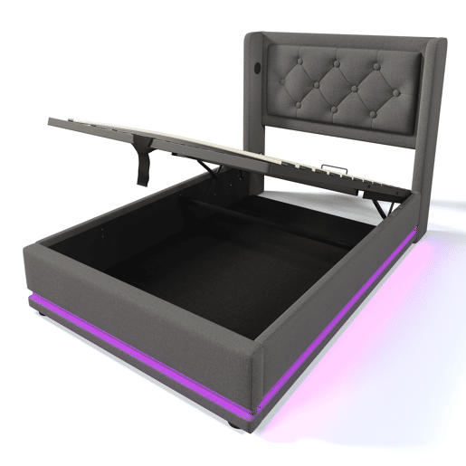 Cama individual estofada 90*200 cm - armazenamento hidráulico, cabeceira acolchoada com USB e LED em 3 lados - Cinza