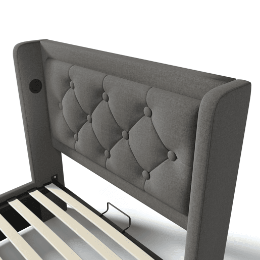 Cama individual estofada 90*200 cm - armazenamento hidráulico, cabeceira acolchoada com USB e LED em 3 lados - Cinza