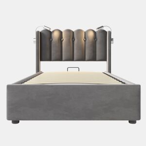 Cama estofada 90x200 - Leselicht com carregamento, cabeceira, arrumação, estrutura de cama em veludo - Cinza