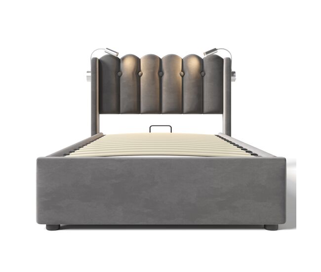 Cama tapizada 90x200 - leselicht con carga, cabecero, almacenamiento, estructura de cama de terciopelo - gris