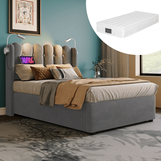 Cama estofada 90x200 - Leselicht com carregamento, cabeceira, arrumação, estrutura de cama em veludo - Cinza