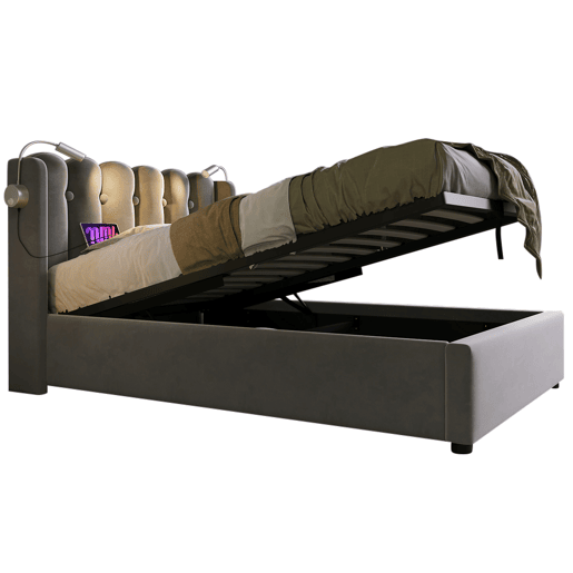 Cama estofada 90x200 - Leselicht com carregamento, cabeceira, arrumação, estrutura de cama em veludo - Cinza