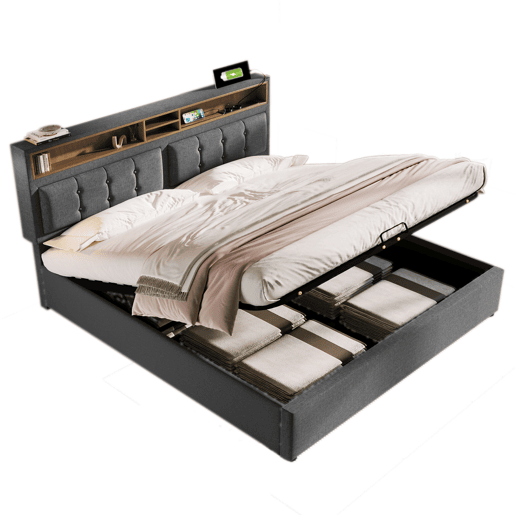 Cama estofada 140x200 - com função de carregamento USB C, cabeceira e arrumação - Cinza