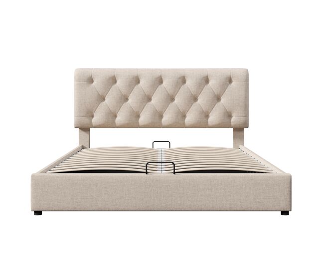 Cama doble tapizada 160x200 - cabecero ajustable, somier metálico, almacenamiento, moderno - natural