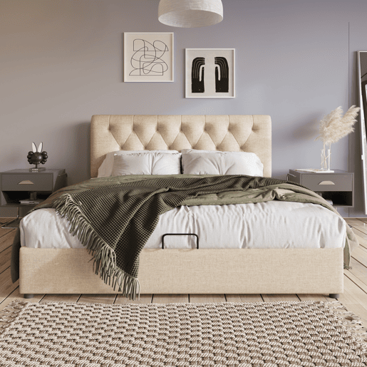 Cama de casal estofada 160x200 - Cabeceira ajustável, base metálica, arrumação, moderna - Natural
