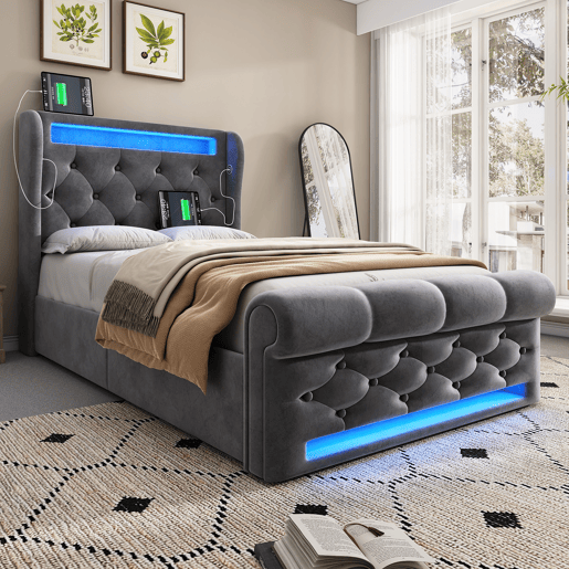 Cama individual 90x200cm - Cama estofada com luzes LED, cabeceira com arrumação e portas USB e Type-C, cama hidráulica, cinzento, veludo
