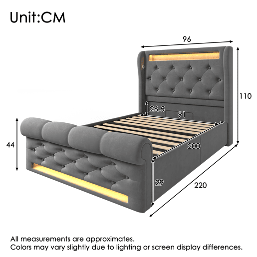 Cama individual 90x200cm - Cama estofada com luzes LED, cabeceira com arrumação e portas USB e Type-C, cama hidráulica, cinzento, veludo