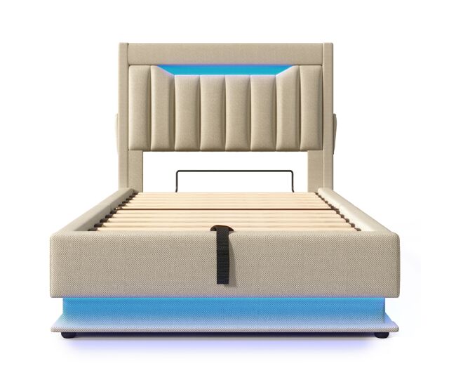 Cama individual 90x200 cm - cabecero con almacenamiento, puertos usb y type-c, iluminación led, espacio de almacenamiento hidráulico - beige