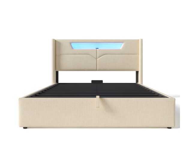 Cama tapizada 160x200 - cama doble con función de carga usb tipo c y luz led - beige