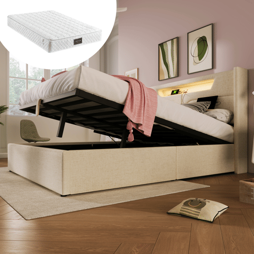 Cama estofada 160x200 - Cama de casal com função de carregamento USB tipo C e luz LED - Bege