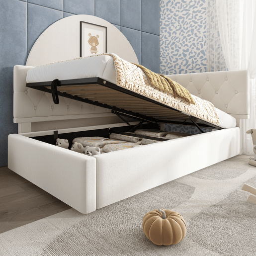 Cama individual 90x200 cm - Sofá-cama com armazenamento hidráulico, com estrado de ripas de madeira, veludo, bege