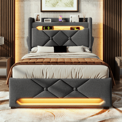 Cama individual 90x200 - Cabeceira com arrumação, portas USB e Tipo C, função LED 360 - Cinza