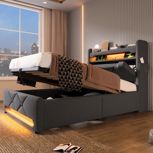 Cama individual 90x200 - Cabeceira com arrumação, portas USB e Tipo C, função LED 360 - Cinza