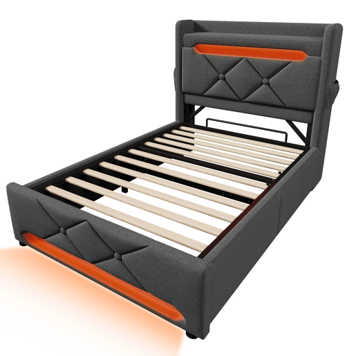 Cama individual 90x200 - Cabeceira com arrumação, portas USB e Tipo C, função LED 360 - Cinza