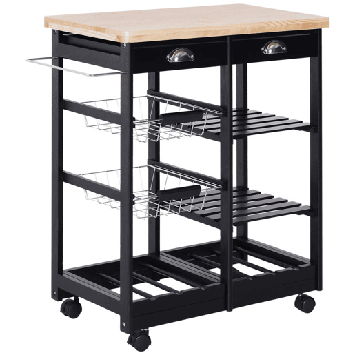 HOMCOM Carrinho Auxiliar com Rodas, Carrinho de Madeira para Cozinha com 2 Gavetas, 2 Cestos e 2 Prateleiras, 74x37x76 cm, Preto