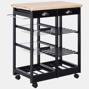 HOMCOM Carrinho Auxiliar com Rodas, Carrinho de Madeira para Cozinha com 2 Gavetas, 2 Cestos e 2 Prateleiras, 74x37x76 cm, Preto