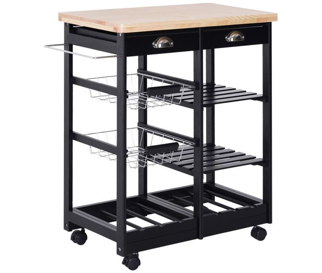Homcom carrito auxiliar con ruedas carrito verdulero de madera carro de cocina con 2 cajones 2 cestas y 2 estantes para comedor 74x37x76 cm negro