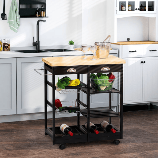 HOMCOM Carrinho Auxiliar com Rodas, Carrinho de Madeira para Cozinha com 2 Gavetas, 2 Cestos e 2 Prateleiras, 74x37x76 cm, Preto