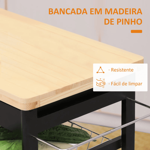 HOMCOM Carrinho Auxiliar com Rodas, Carrinho de Madeira para Cozinha com 2 Gavetas, 2 Cestos e 2 Prateleiras, 74x37x76 cm, Preto