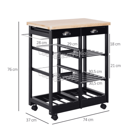 HOMCOM Carrinho Auxiliar com Rodas, Carrinho de Madeira para Cozinha com 2 Gavetas, 2 Cestos e 2 Prateleiras, 74x37x76 cm, Preto